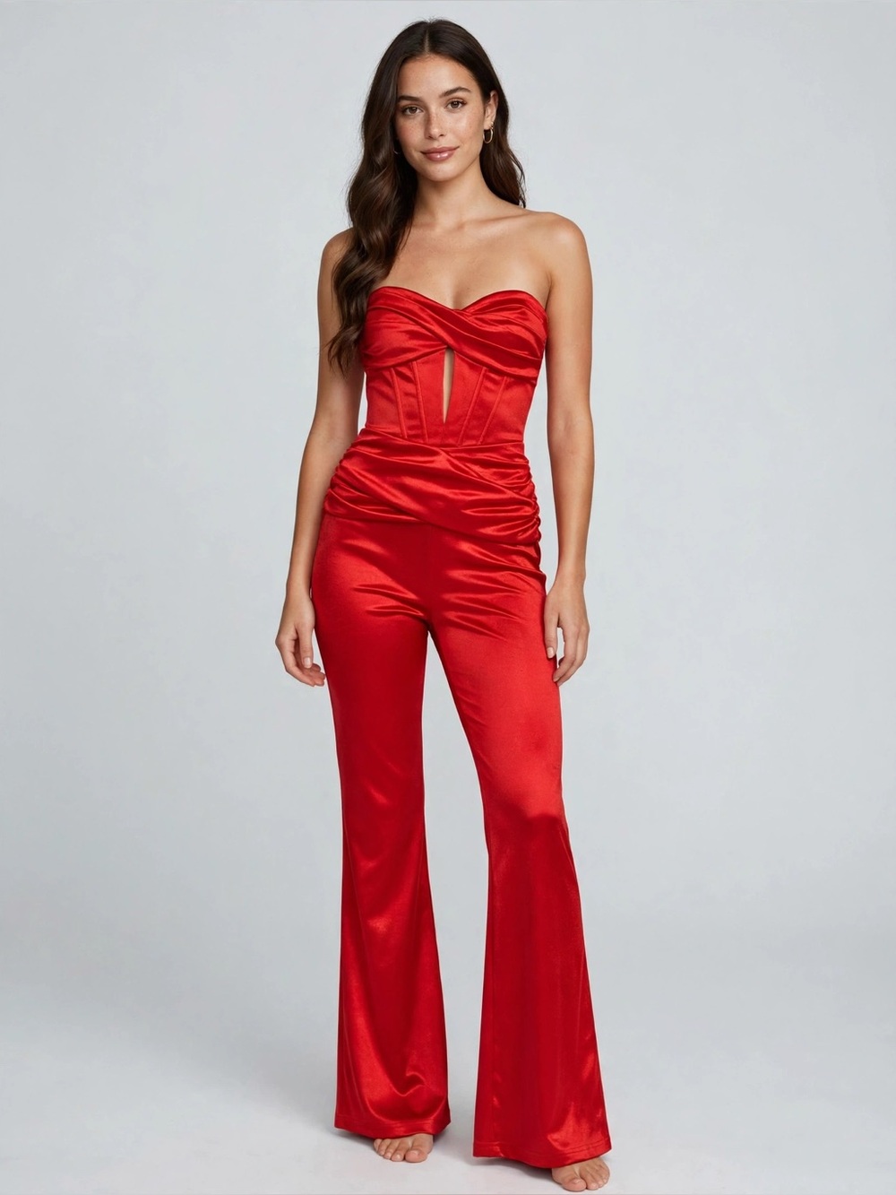 Cheryl Red Strapless Satin Wide-Leg Jumpsuit